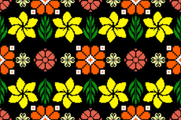 Geometric ethnic floral pixel art embroidery, Aztec style, abstract background design for fabric, clothing, textile, wrapping, decoration, scarf, print, wallpaper, table runner. - 778802165