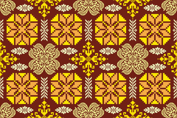 Geometric ethnic floral pixel art embroidery, Aztec style, abstract background design for fabric, clothing, textile, wrapping, decoration, scarf, print, wallpaper, table runner. - 778802174