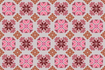 Geometric ethnic floral pixel art embroidery, Aztec style, abstract background design for fabric, clothing, textile, wrapping, decoration, scarf, print, wallpaper, table runner. - 778802180