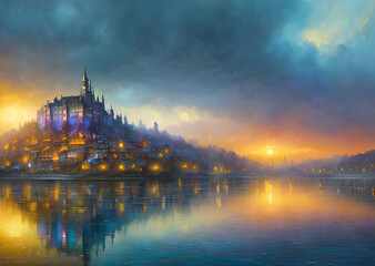 Fototapeta na wymiar Medieval fantasy fairytale town houses and river, Generative AI