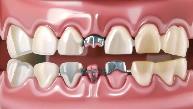 Close-up of a digital rendering of misaligned teeth with braces, highlighting dental correction methods.. AI Generation