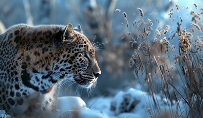 Majestic Amur leopard in snowy winter habitat - obrazy, fototapety, plakaty