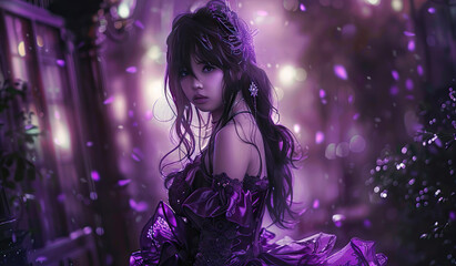 Enchanting anime princess in a mystical purple forest