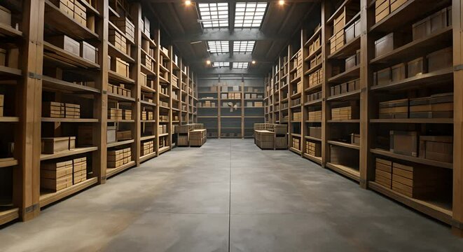 Warehouse interior with rows of wooden boxes. 3D Rendering, Warehouse or warehouse with rows of shelves and rows of wooden boxes