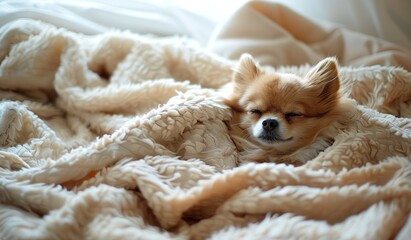 Sleepy chihuahua napping peacefully in a cozy blanket nest