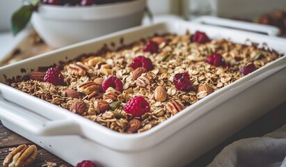 Homemade raspberry and pecan granola in a white baking dish