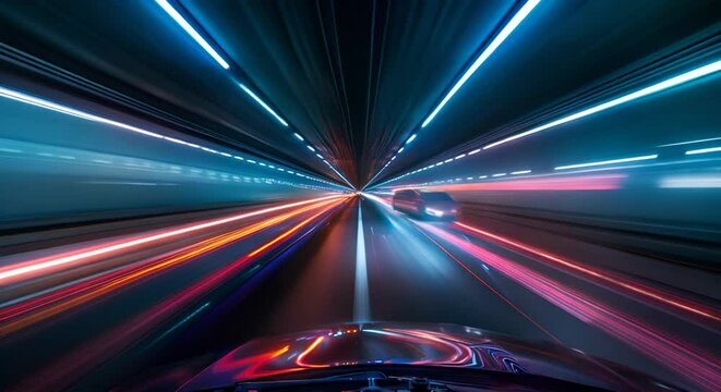 Car on the road with motion blur background. Concept of speed, Underground tunnel with moving cars at night. View from below
