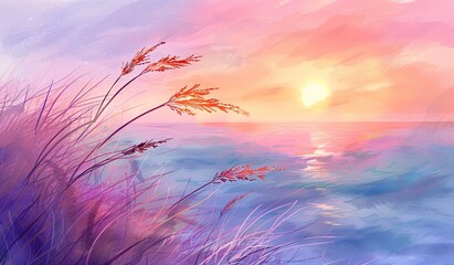 Serene seaside sunset with tall grass silhouette