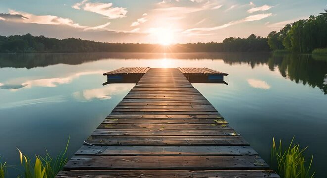 A wooden dock is seen floating on the calm water, creating a platform for boats to rest, A picturesque scene of a wooden pier extending into a calm lake at sunrise