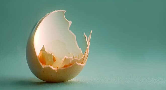 A close-up photo featuring a cracked egg shell positioned on a solid blue background, Inflation-induced recession represented by a cracked, hollow egg