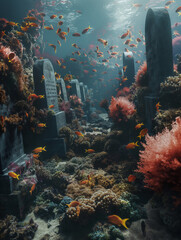 Underwater old cemetery with corals and fish