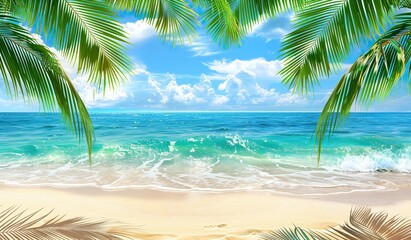 Tropical beach paradise with lush palm fronds and vibrant blue sea