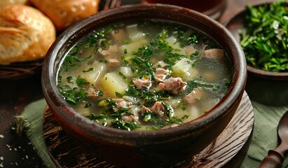 Homemade kale and potato soup with savory pork in a rustic bowl