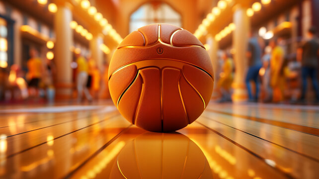 A cheerful logo icon of a bouncing basketball on a vibrant basketball court background.