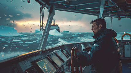 Pensive elderly sailor with a beard looking out over the sea under stormy skies