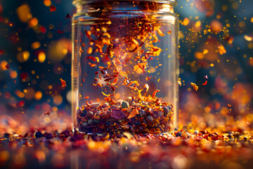 Produce an AI depiction of an abstract close-up shot of a glass jar filled with colorful spices,...