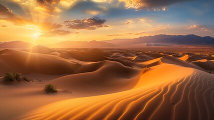 Sunset over the sand dunes in the desert, sun, landscape, Generative Ai