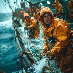 cinematic photo of deep sea fishery ship, medium shot, in the middle of the ocean, workers pull the big string together, natural light, high resolution