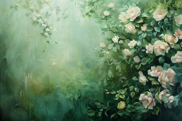 Produce an AI depiction of an abstract romantic garden bathed in a gentle, greenish hue. Soft...