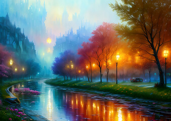 Medieval fantasy fairytale town houses and river, Generative AI