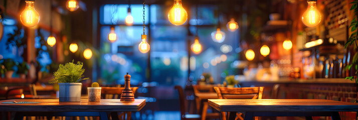 Blurred Cafe Interior with Warm Bokeh Lights, Creating a Cozy and Welcoming Atmosphere for Relaxation and Socializing