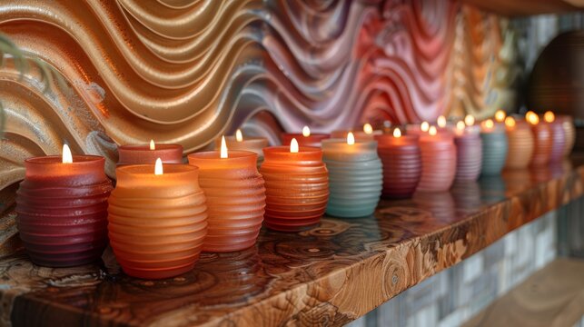   A row of lit candles rests atop a wooden shelf near a wall adorned with vibrant swirls