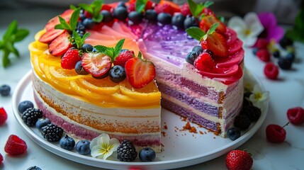   A plate with a cake slice cut out and topped with berries and blueberries