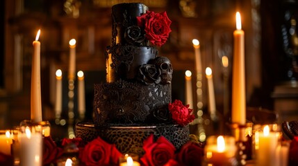 Fototapeta na wymiar Gothic wedding cake with skulls and roses, suitable for themed events and celebrations.