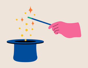 Hand holding magic wand cylinder hat. Colorful vector illustration © Stranger Man