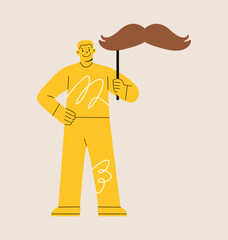 Man holds a mustache on a stick. Colorful vector illustration