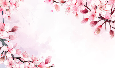 Watercolor Pastel Pink Cherry Blossom Banner Background with Copy Space