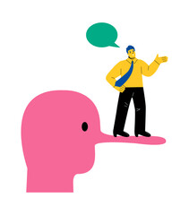 Business man standing on long nose. Concept of lying and being dishonest. Flat vector illustration isolated on white background