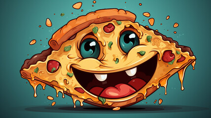A cheerful logo icon of a laughing pizza slice.