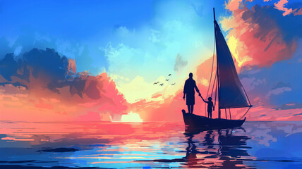 a painting of a father and a sailboat with the sun setting behind him