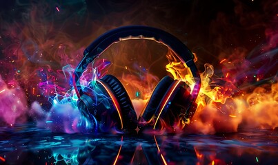 Fototapeta na wymiar Explosive Stereo Headphones Ignite Festive Light Show with Vibrant Sound Pulse, Flames and Smoke. Get Ready to Party, Dynamic Party Beats