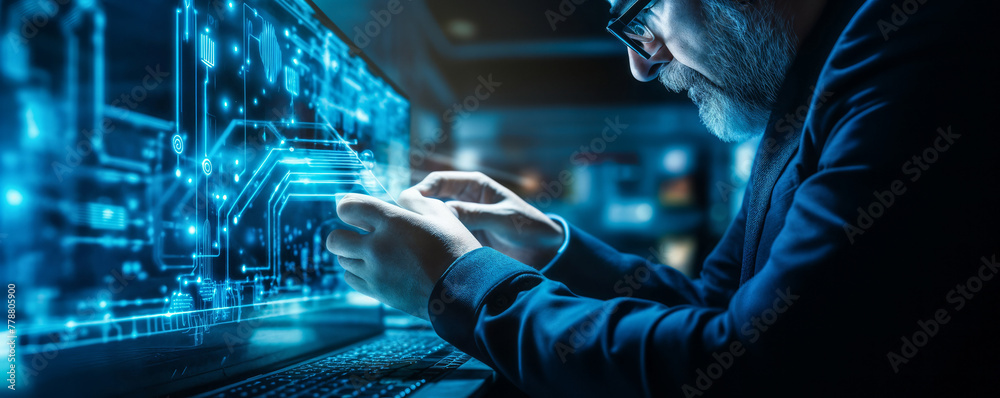 Poster network engineer utilizes advanced digital technology for cybersecurity in data center, analyzing da