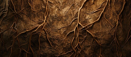 Close up of a brown, wooden tree trunk with roots emerging from it, creating a unique pattern. The terrestrial plants fur contrasts with the dark grass backdrop