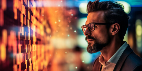Thoughtful Bearded Businessman in Glasses Interacting with Futuristic Digital Data Analysis Projection