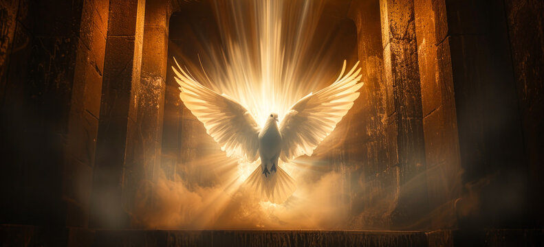 A radiant dove with outstretched wings illuminated by divine light in a dark corridor, symbolizing hope, peace, the Holy Spirit, and spiritual awakening