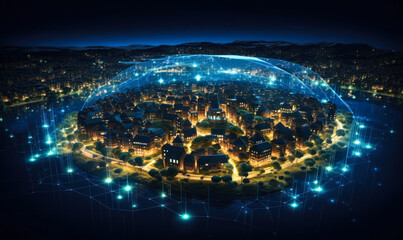 Smart City Concept with Digital Network Over Residential Area, Futuristic Urban Landscape with Connected Homes and Advanced Technology Infrastructure