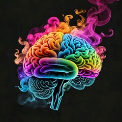 brain exploding colours on black background.colourful brain with smoke,mind blown and creative concept