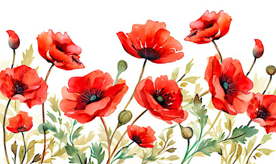 Fototapeta premium Watercolor Red Poppies Banner Background with copy space