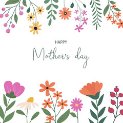 Happy Mother's Day greeting card with beautiful colorful flowers. Editable vector template for greeting card, poster, banner, invitation, social media post. 