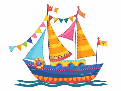 Colorful Festive Sailboat with Bunting Flags Illustration