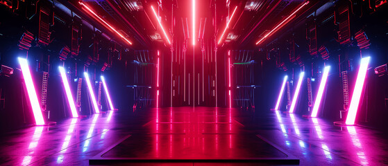 Fototapeta na wymiar Neon futuristic scene with podium or stage, purple, blue, pink spotlights, rays, abstract shapes, glowing particles. Product presentation background. Generative ai