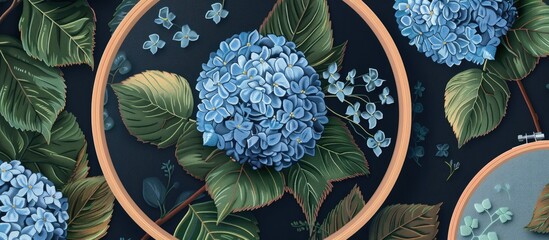 A detailed closeup of a painting featuring electric blue flowers in a hoop, showcasing creative arts and the beauty of flowering plants - obrazy, fototapety, plakaty