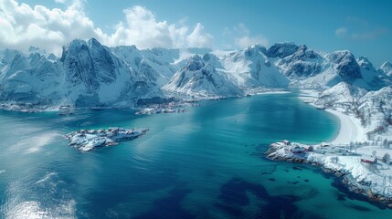 Fototapeta premium An aerial shot of a vast water expanse surrounded by snow-capped peaks