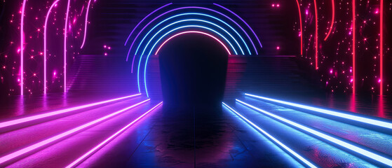 Neon futuristic scene with podium or stage, purple, blue, pink spotlights, rays, abstract shapes, glowing particles. Product presentation background. Generative ai