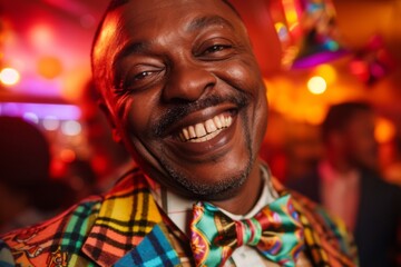 In the midst of celebration, this African American man's infectious smile and dynamic bow tie capture the essence of pure joy.