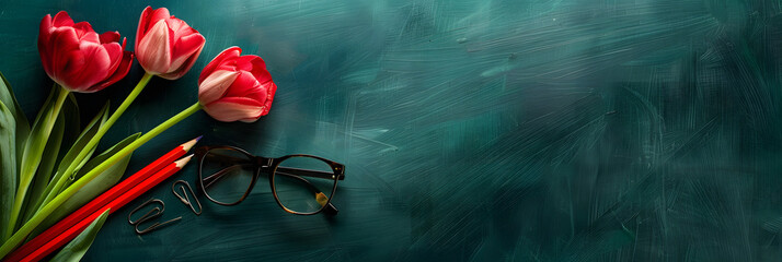 Flowers, glasses and pencil on green chalkboard background with copy space for teacher's day or woman’s Day concept